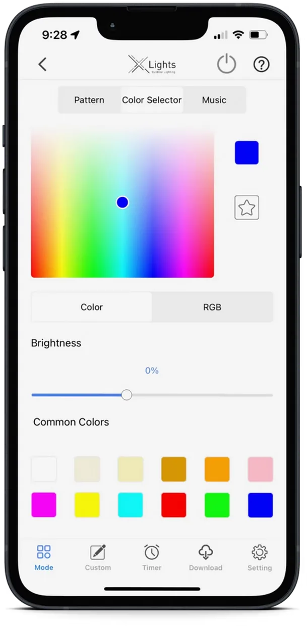 X LIGHTS app: Color & brightness screen