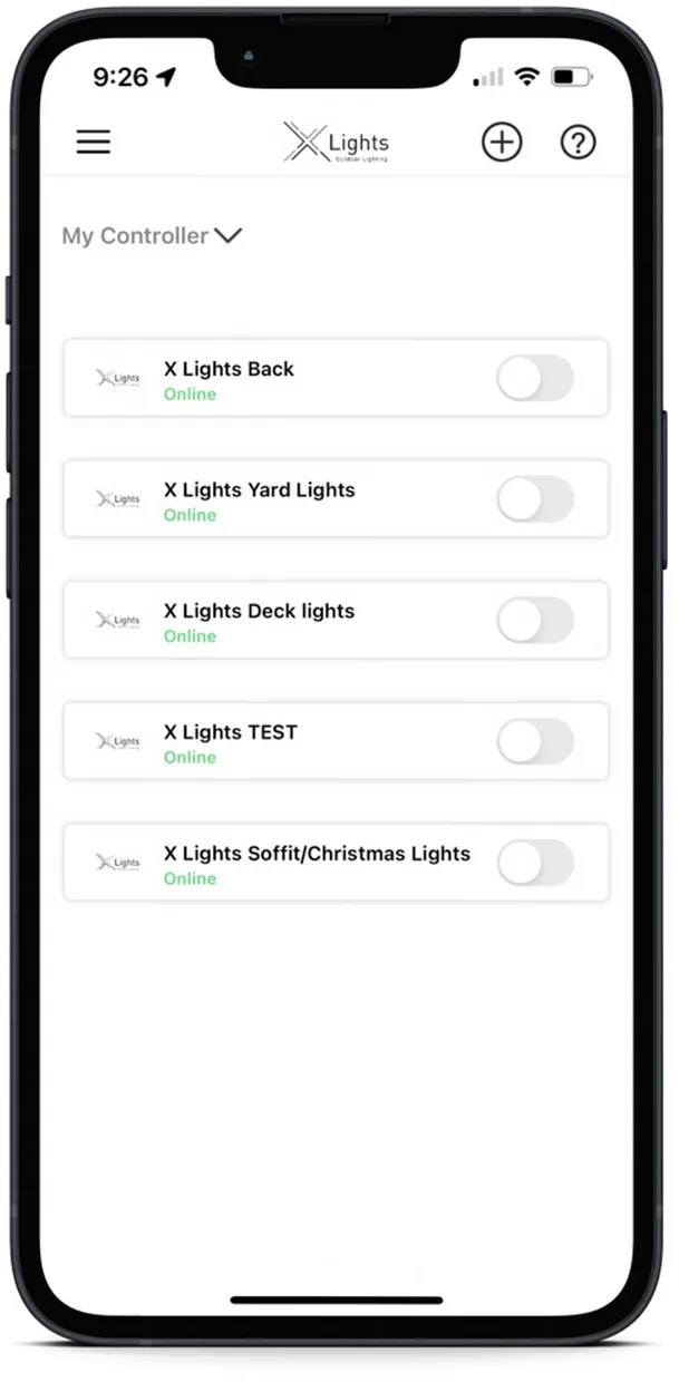 X LIGHTS app: Controllers & zones screen