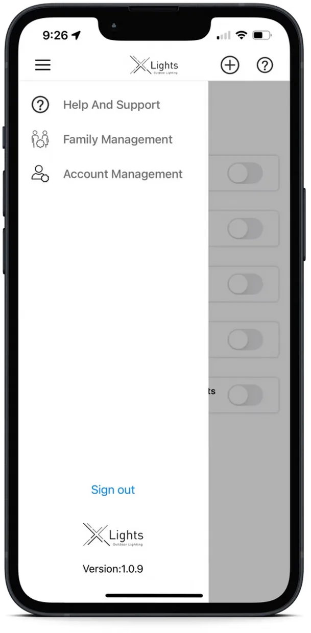 X LIGHTS app: Family management screen