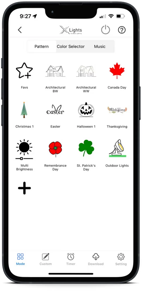X LIGHTS app: Patterns & holidays screen