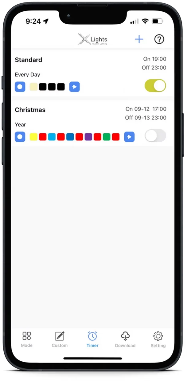 X LIGHTS app: Timers & schedules screen