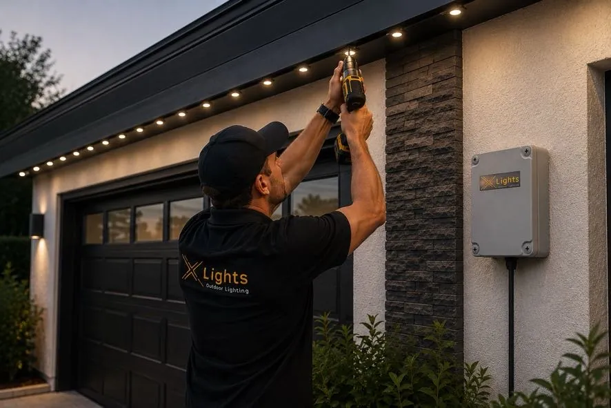 Installer in an X LIGHTS shirt mounting a light along a roofline