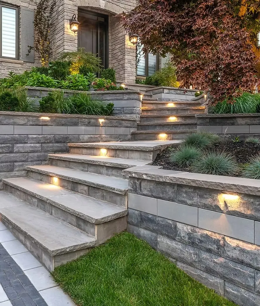 Stone garden steps and retaining walls with lights under each step at dusk