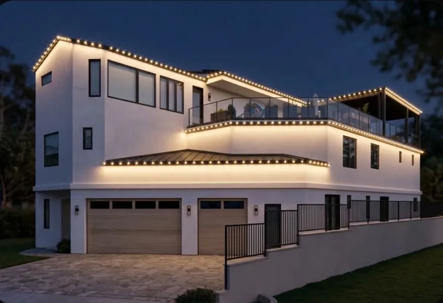 Modern multi-level home outlined with warm white permanent lighting at night