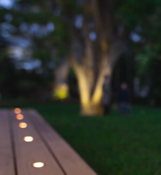 Recessed deck lights with softly illuminated landscaping