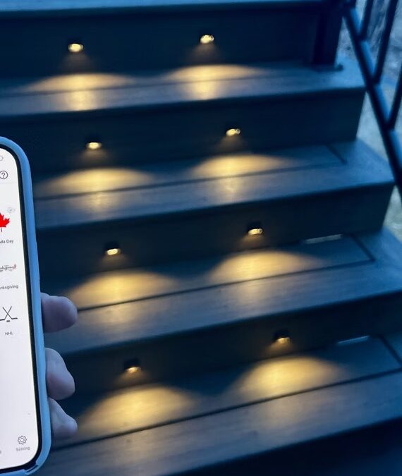 Deck stairs with integrated warm step lighting